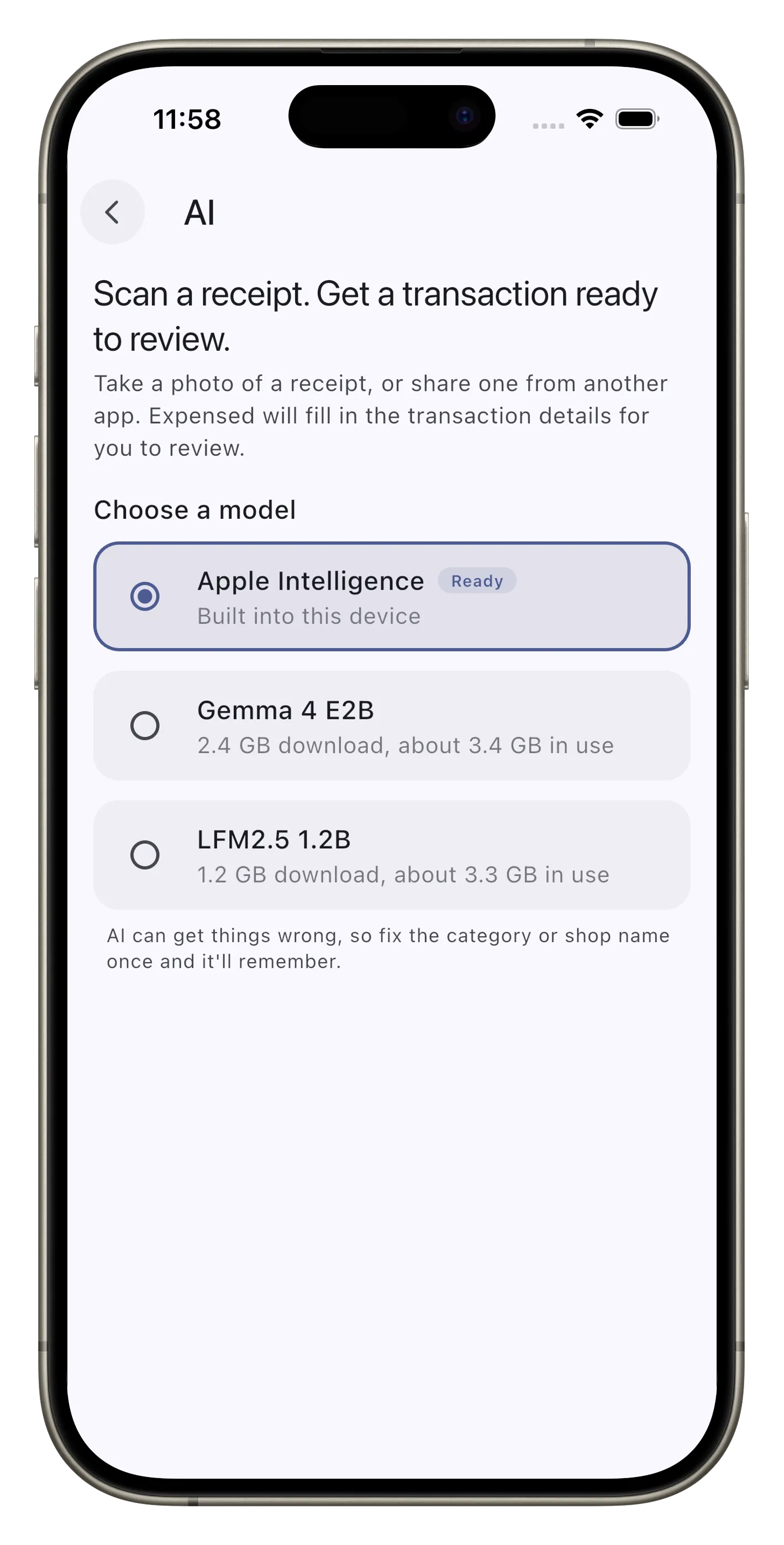 Expensed's AI settings, offering Apple Intelligence built into the device and marked ready, with Gemma 4 E2B and LFM2.5 1.2B listed below it as downloads.