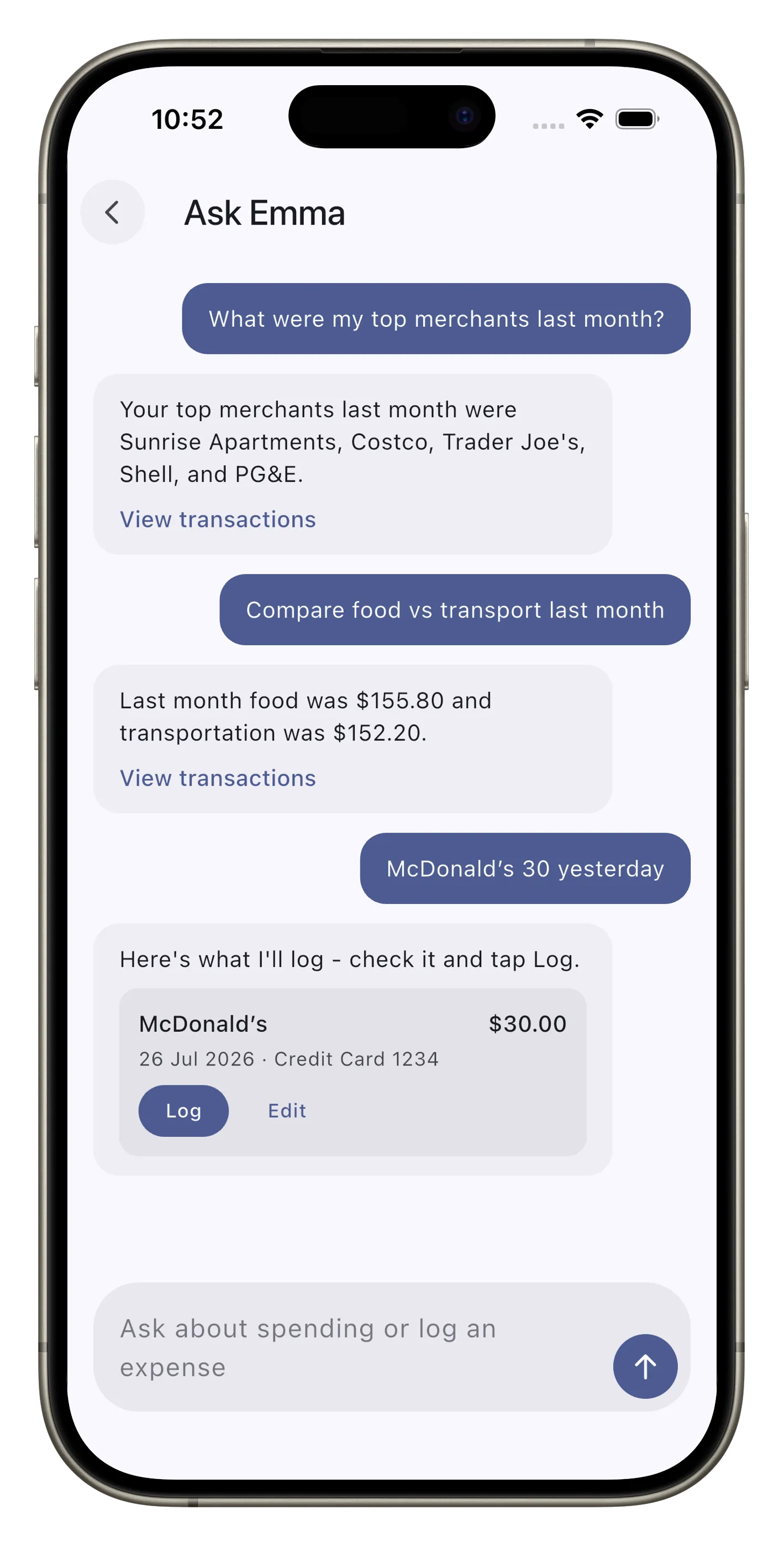 Ask Emma answering two questions about spending, comparing food against groceries and listing top merchants, then offering to log a 12 dollar coffee with a Log and an Edit button.