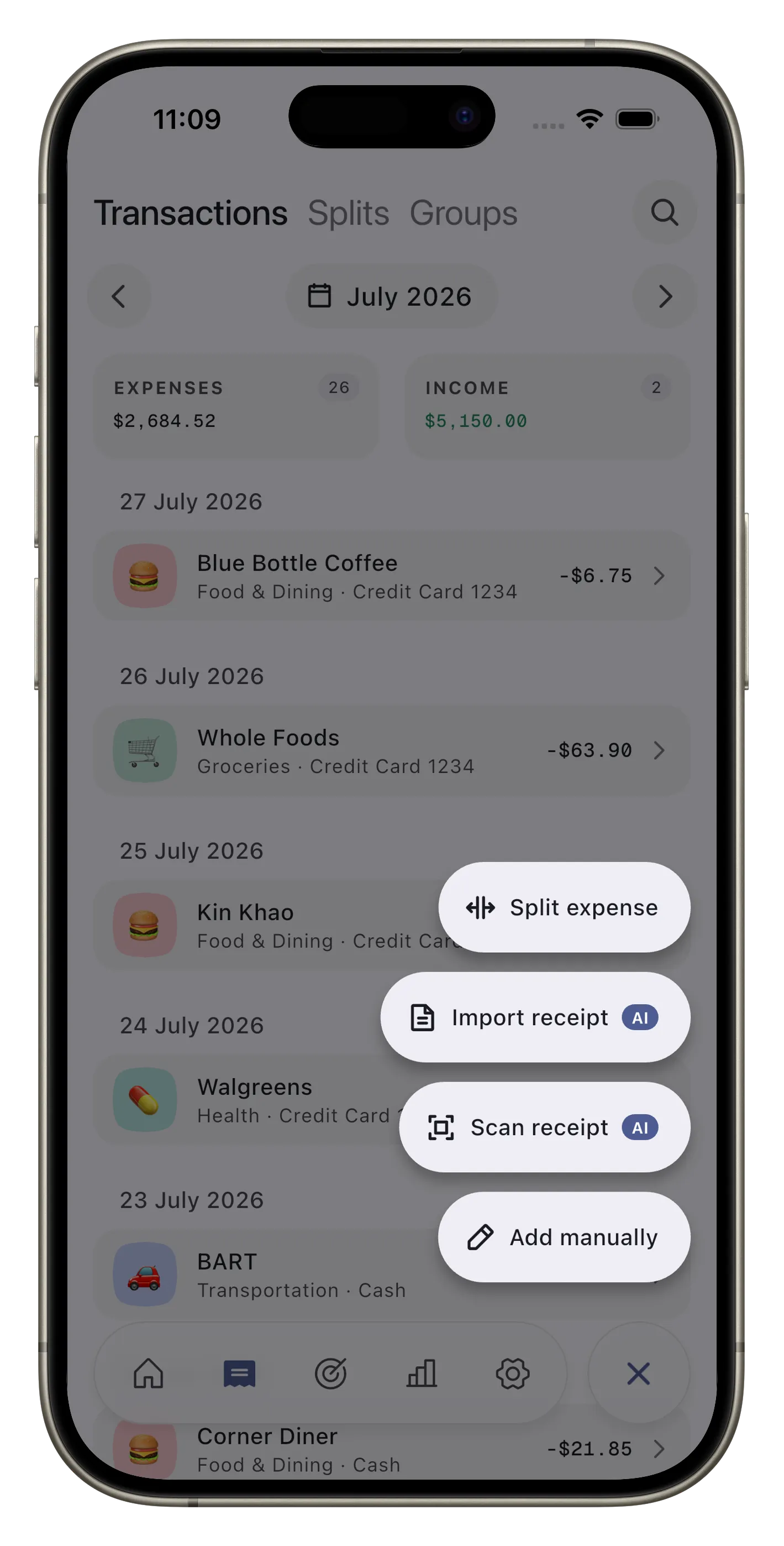 The Expensed transactions list with the add menu open, offering Split expense, Import receipt, Scan receipt, and Add manually.