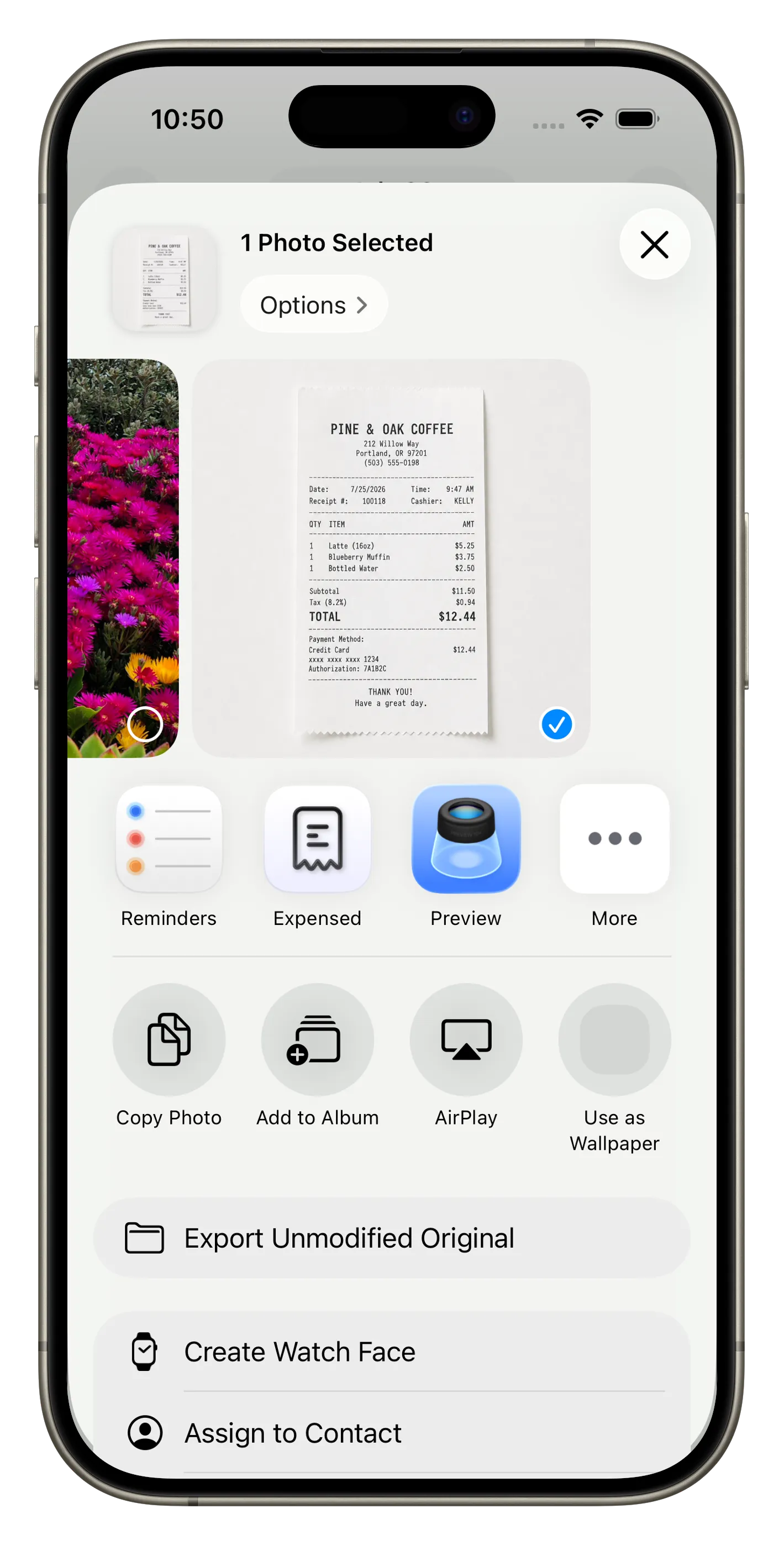 The iOS share sheet with one receipt photo selected and Expensed sitting among the apps it can be sent to.