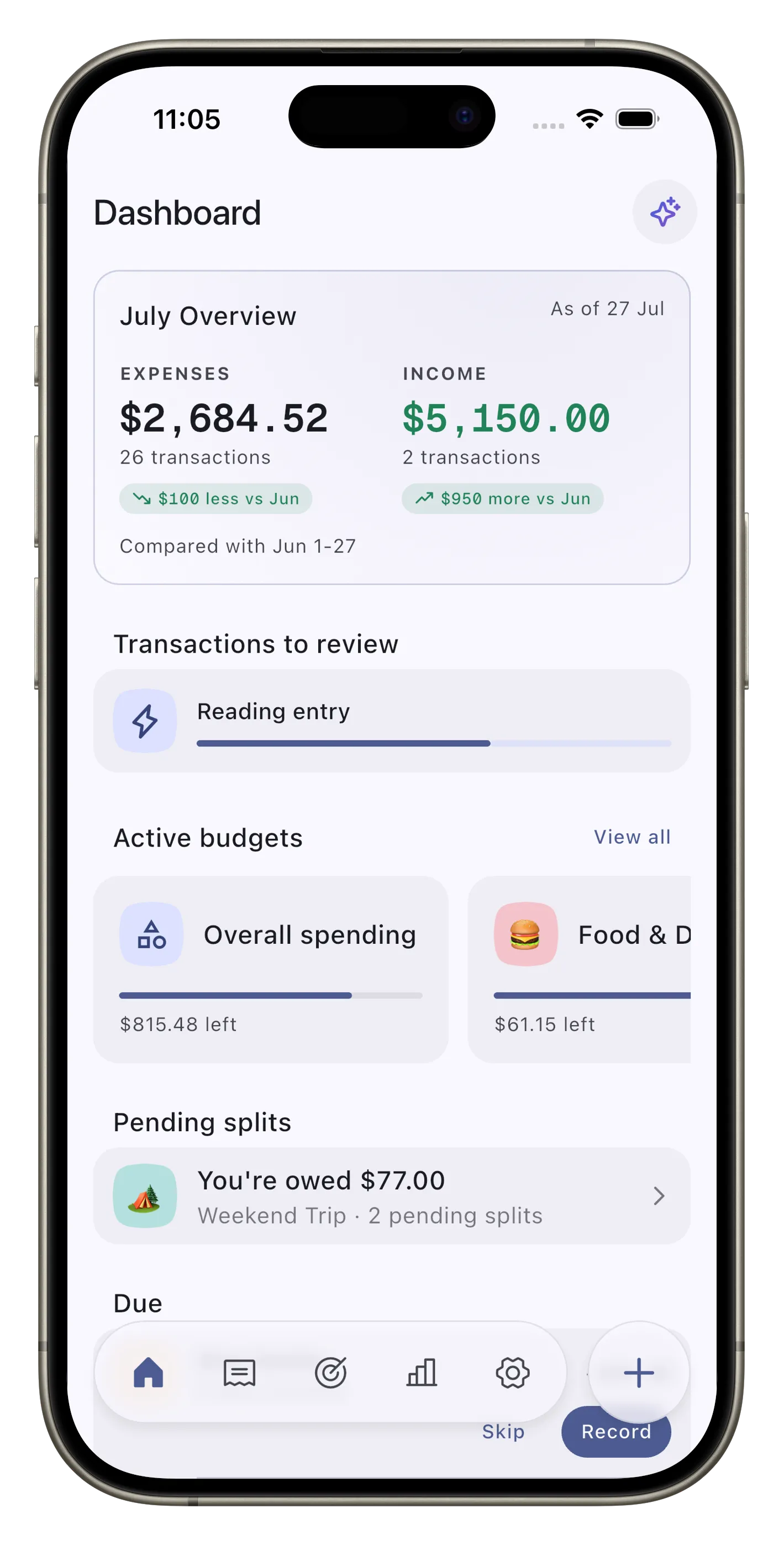 The Expensed dashboard with a "Transactions to review" card showing a captured entry being read, its progress bar part way along.